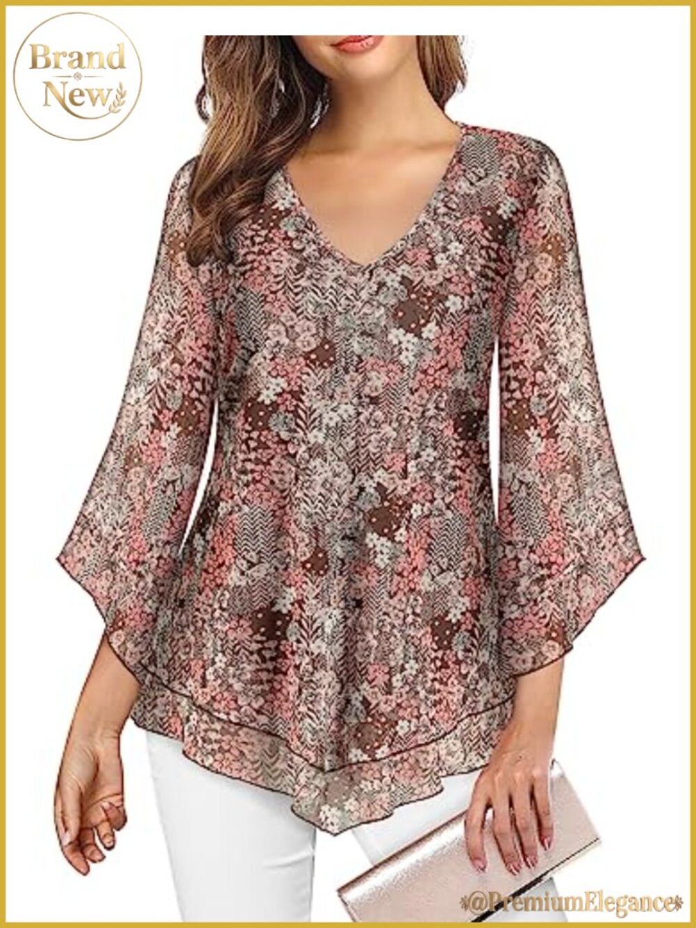 Mesh Ruffle Blouse Double Layer Flared Sleeve Dressy Work Top